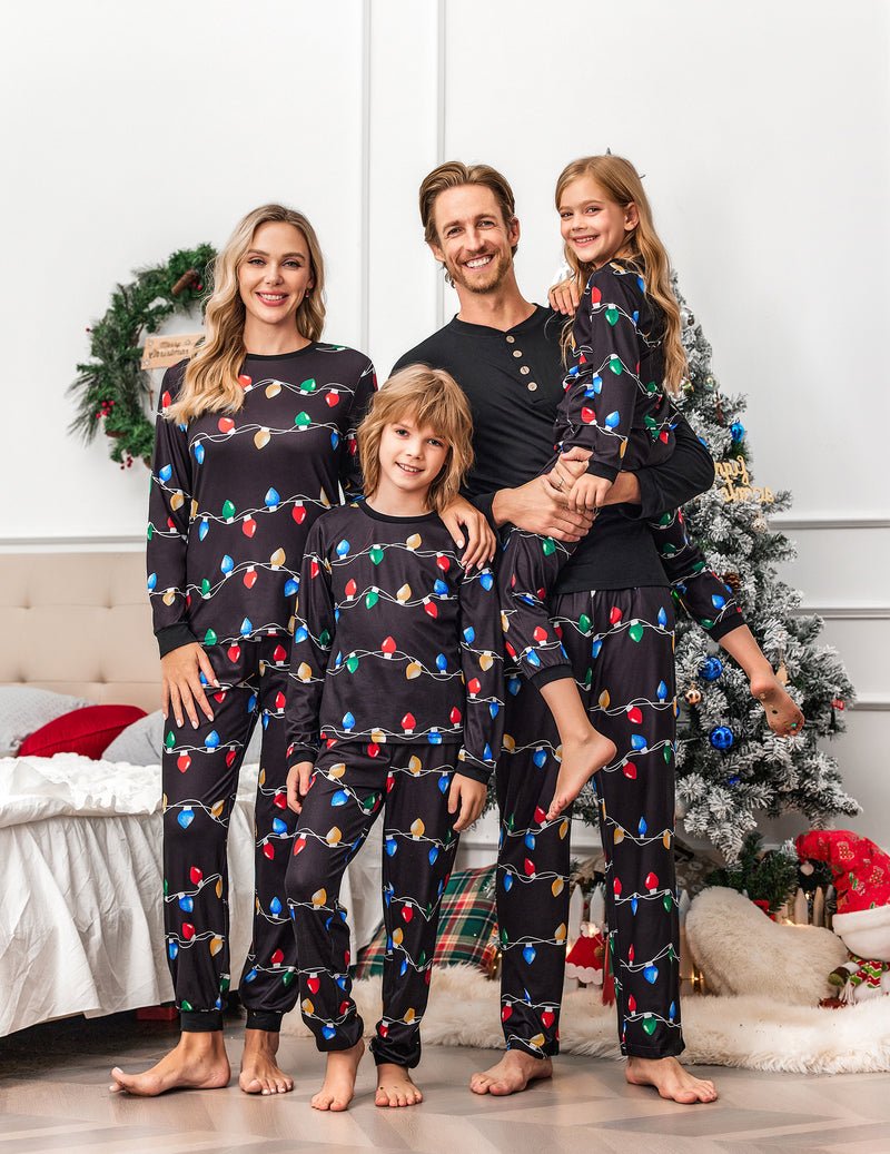 Black Christmas pajama set with colorful bulb pattern for family