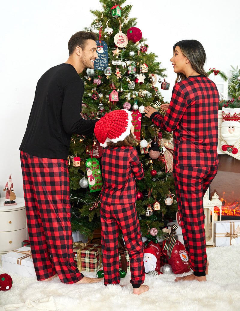 Black and red buffalo plaid Christmas pajama set for family