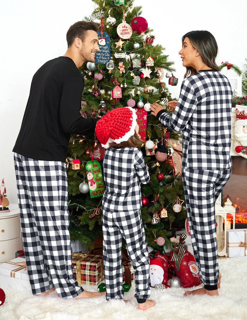 Black-and-white plaid Christmas pajama set with matching long sleeves