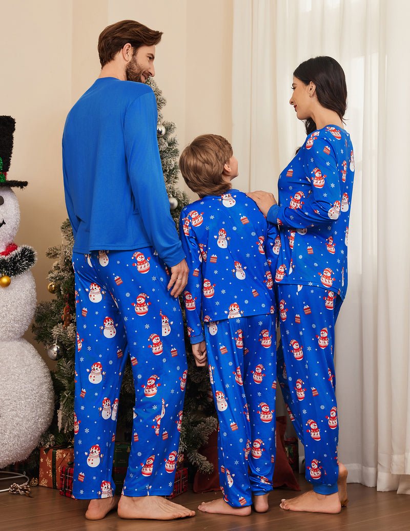 Blue Christmas pajama set with snowman and character print for family