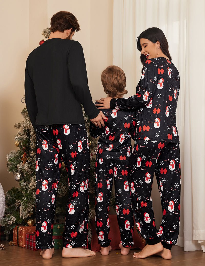 Matching black Christmas pajama set, snowman and red bow pattern, long sleeves for family