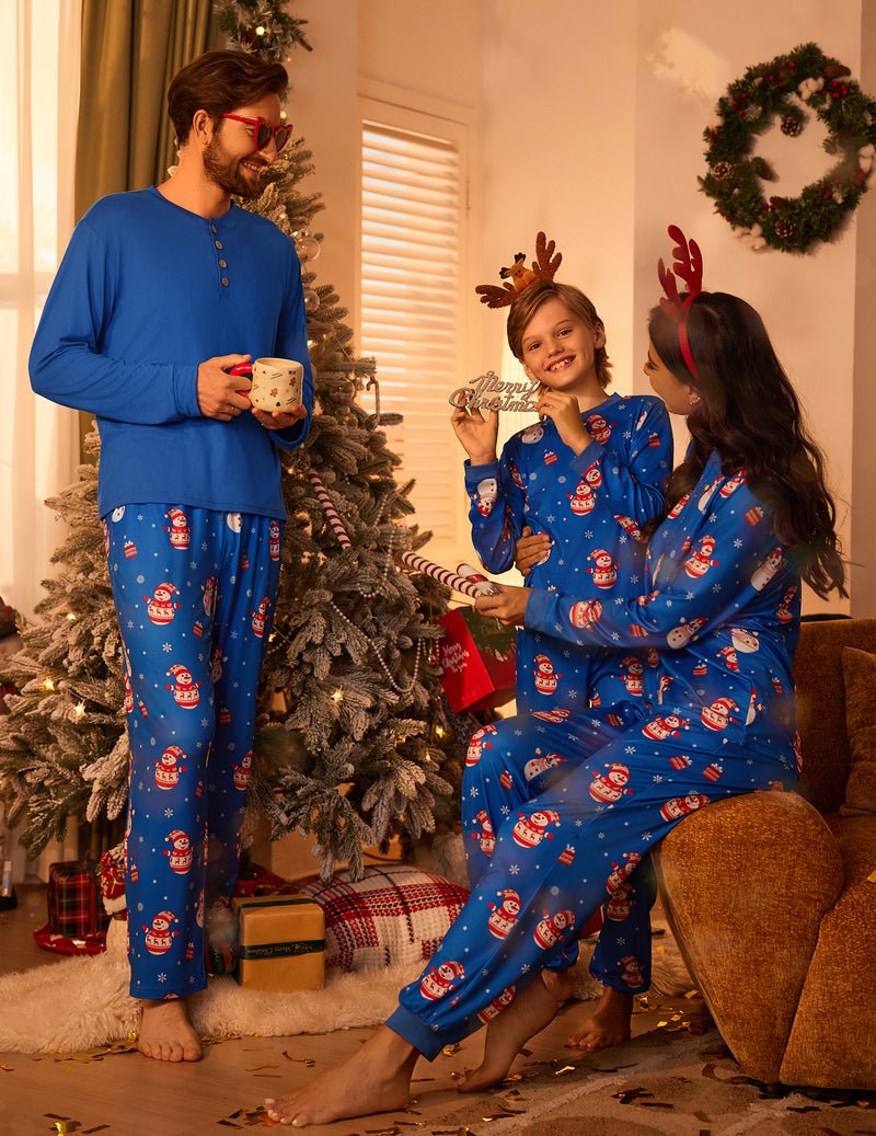 Blue Christmas pajama set for kids and men, long-sleeve henley top and pants, snowmen print