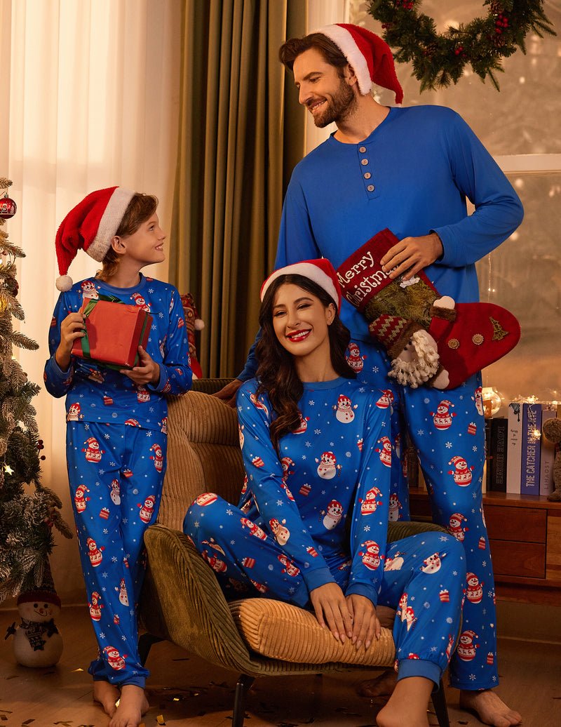Matching blue Christmas pajama set for women, snowmen and snowflake print, button front