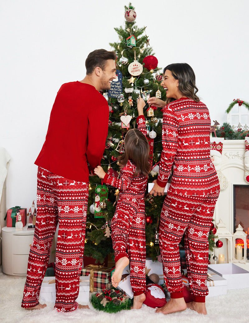 Red matching Christmas pajama set for family with long-sleeve tops and pants
