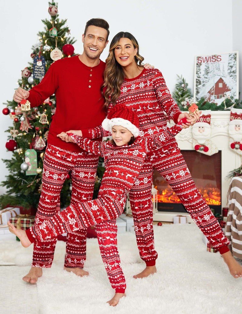 Red Christmas family pajama lounge set with patterned tops and bottoms