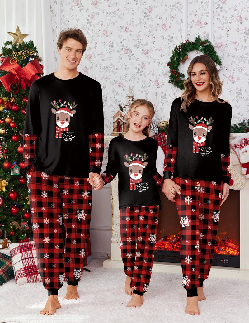 Black Christmas pajama set, long sleeves with reindeer face graphic and red plaid pants