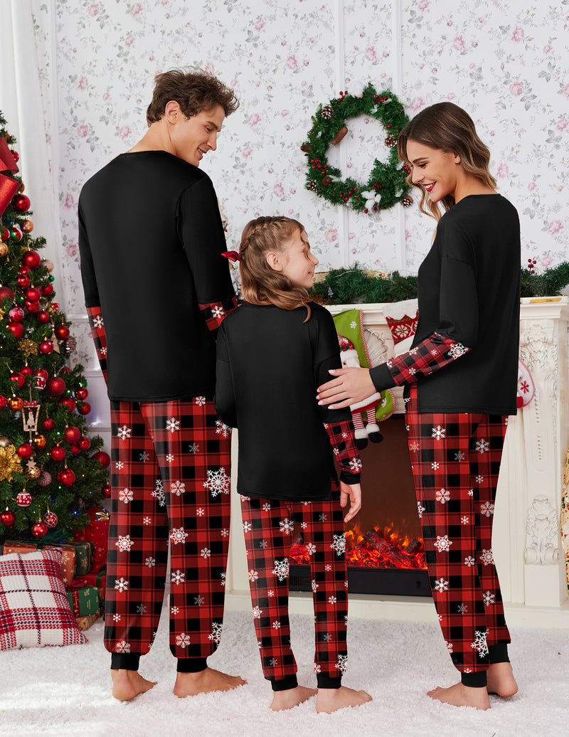 Black Christmas pajama set, long sleeves with reindeer print and red plaid pajama bottoms