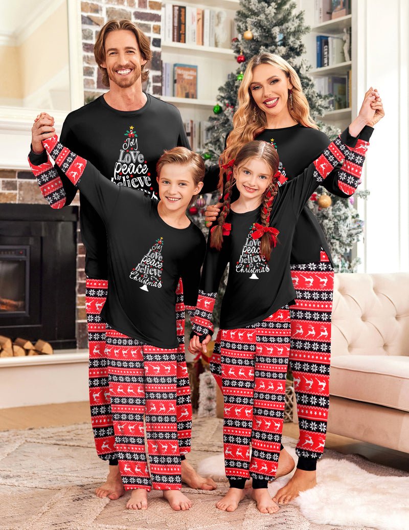Black holiday pajama set with “Joy Love Peace Believe” print and red patterned cuffs