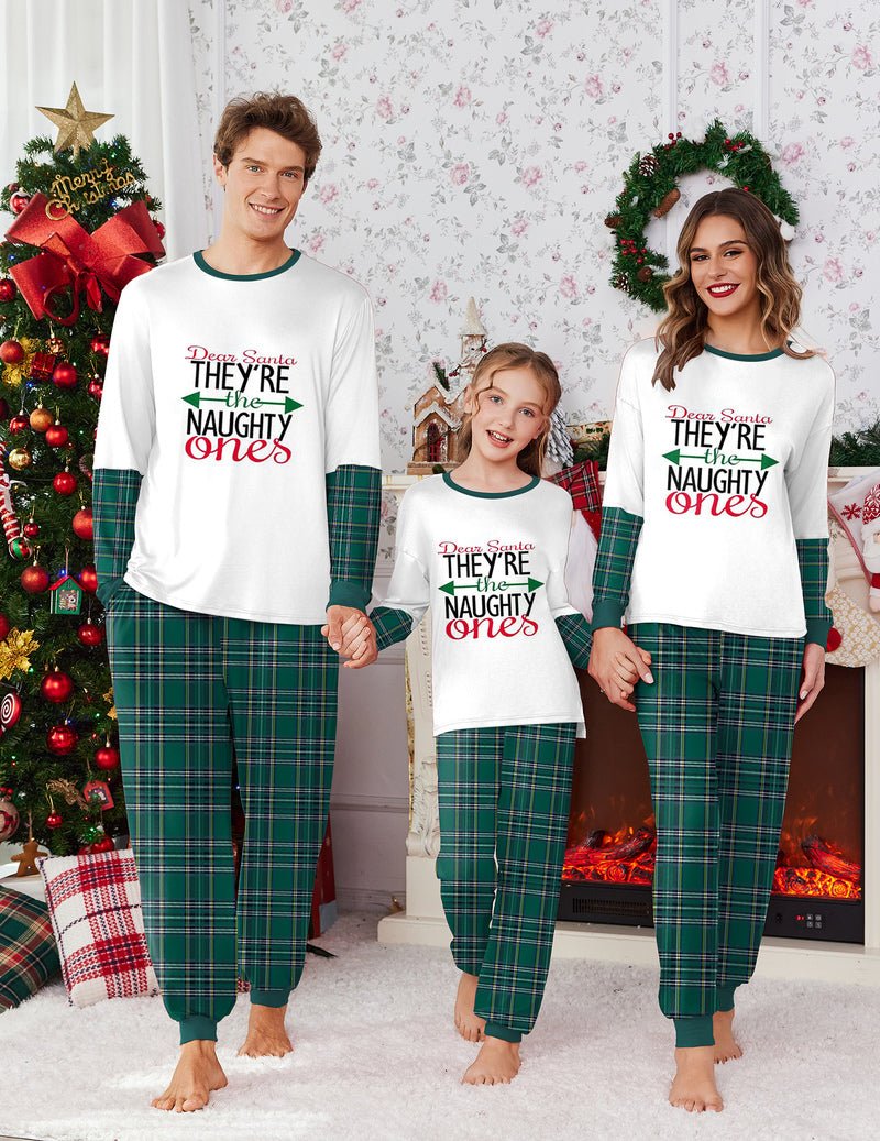White “They’re the Naughty Ones” pajama set with green plaid pants, family matching