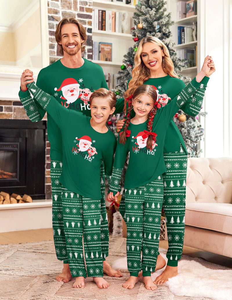 Green holiday pajama set with “Ho Ho Ho” cartoon faces and matching striped cuffs