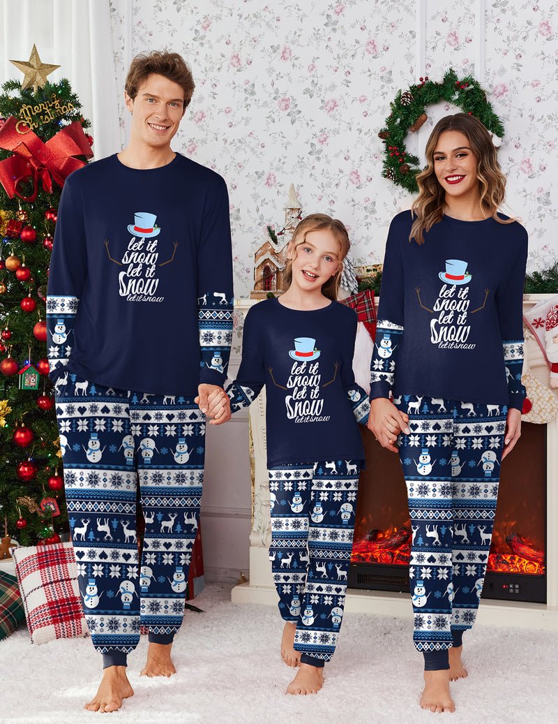 Navy blue family Christmas pajama set, long sleeves with snowman graphic and plaid cuffs