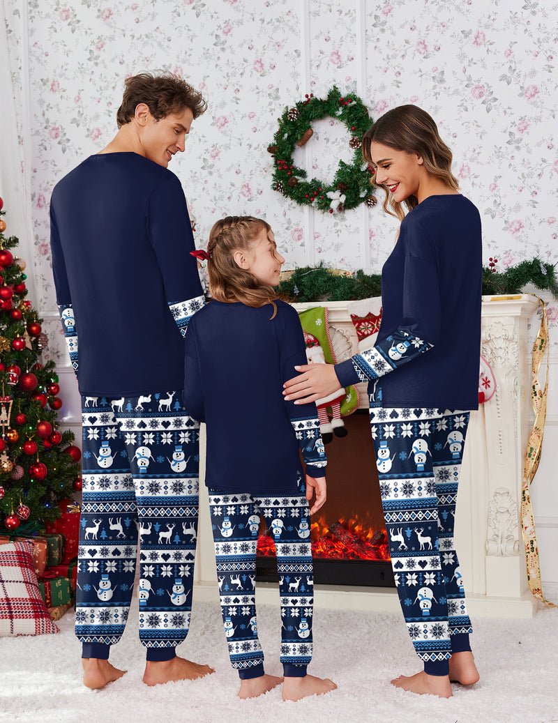 Navy blue Christmas pajama set for family, long sleeves with snowman print and plaid pants