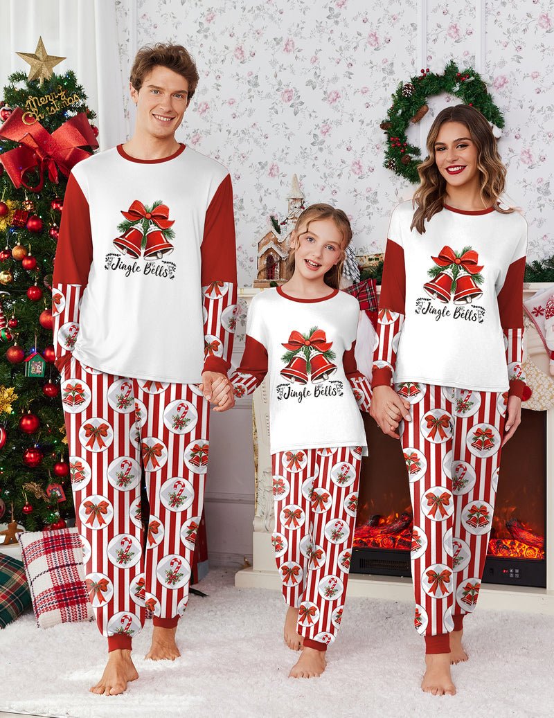 White pajama set with red “Jingle Bells” top and striped pants, family matching style