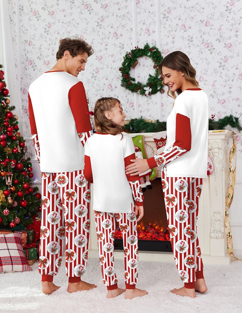 White top with red “Jingle Bells” and striped pajama pants, family matching set
