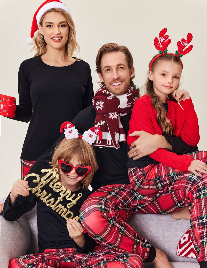 Black Christmas pajamas set with red plaid pants, long sleeves and holiday graphics