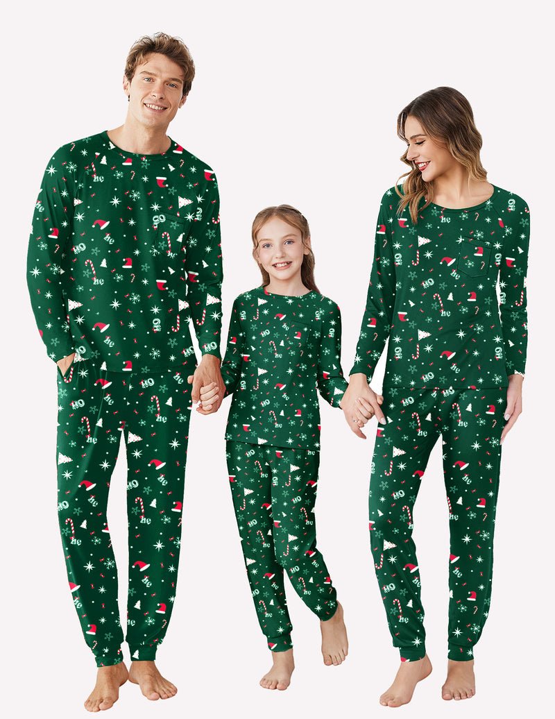 Weihnachtspyjama-Set Familie in Dunkelgrün: Langarm-Oberteil und Hose mit Weihnachtsmuster