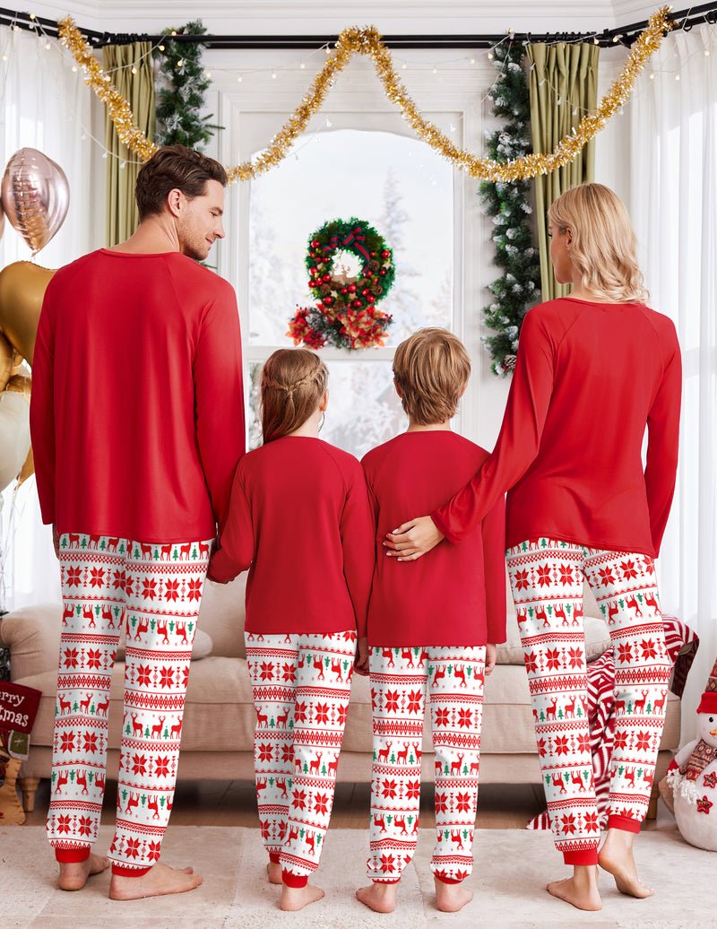 Red Christmas pajamas for the family, long-sleeve tops with matching printed pants