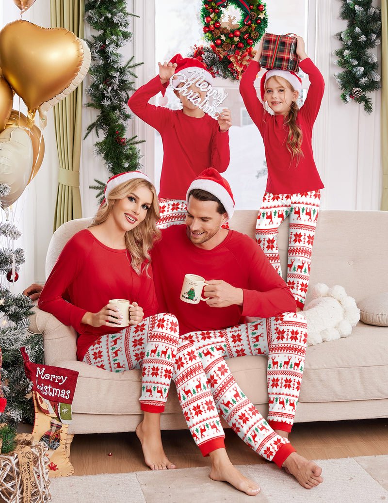 Red Christmas pajama set with festive pattern pants and long-sleeve tops