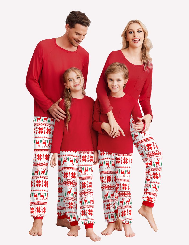 Red Christmas family pajama set with reindeer and snowflake print, long-sleeve tops and pants