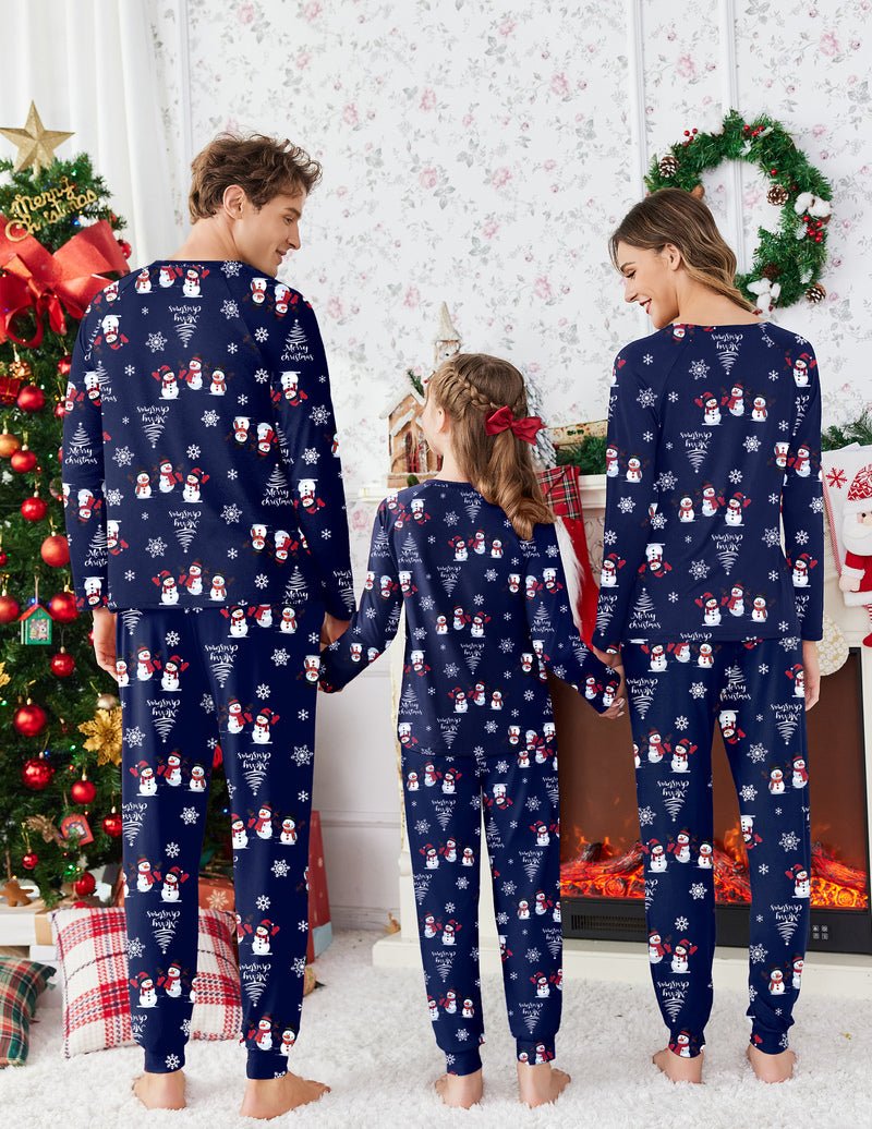 Familien-Weihnachtspyjama-Set Dunkelblau: Rückansicht mit Langarmoberteil und passender Hose