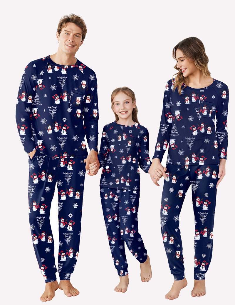 Weihnachtspyjama-Set Familie in Dunkelblau: Langarmoberteil und Hose mit Schneemannmotiv