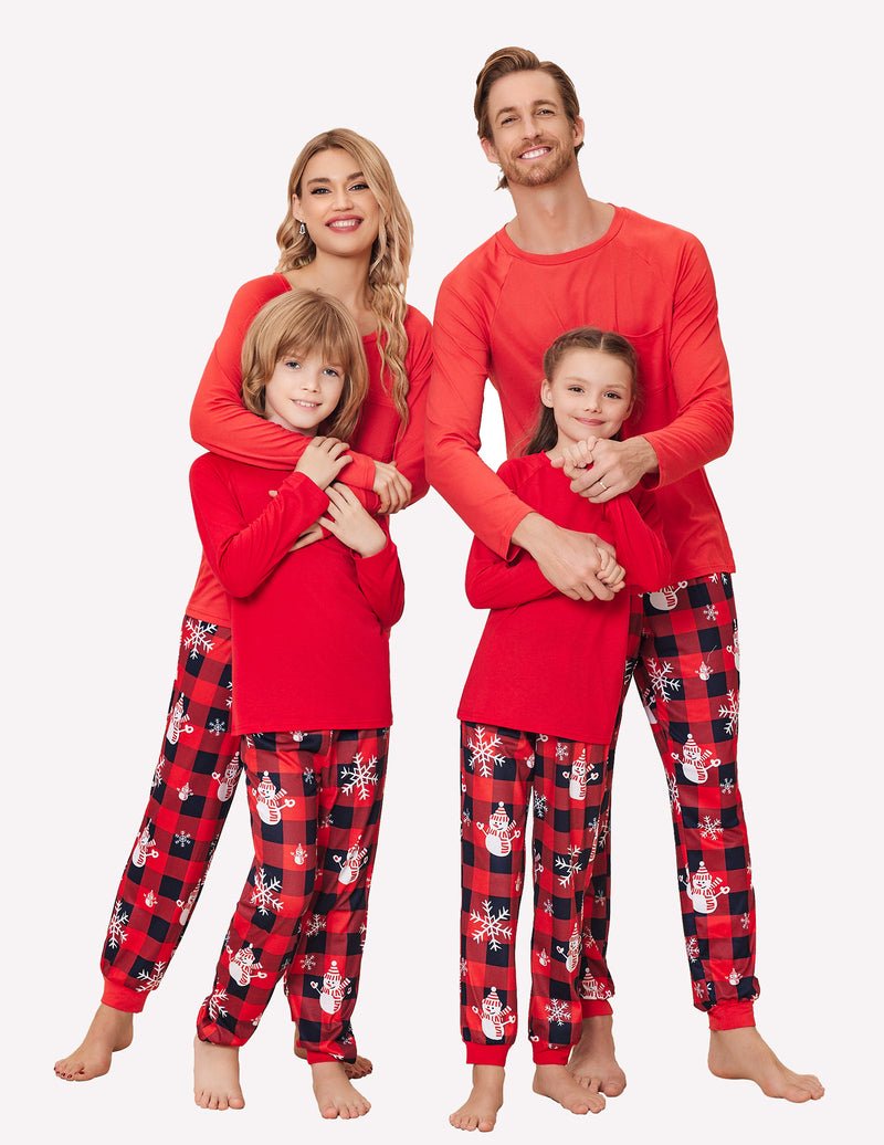 Red long-sleeve Christmas pajamas with matching printed pants for family
