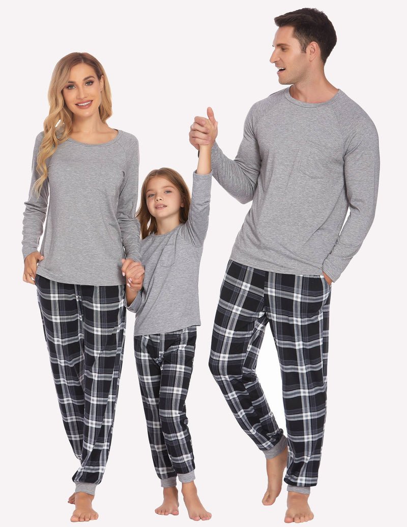 Light grey long-sleeve pajamas with black-and-white plaid pants for family matching set