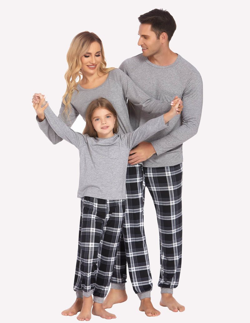 Light grey long-sleeve pajama top with black-and-white plaid pants, family matching set