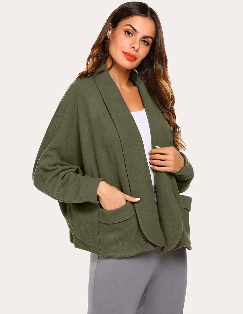 Ekouaer fleece cardigan with lapel collar, army green, front pockets and long sleeves