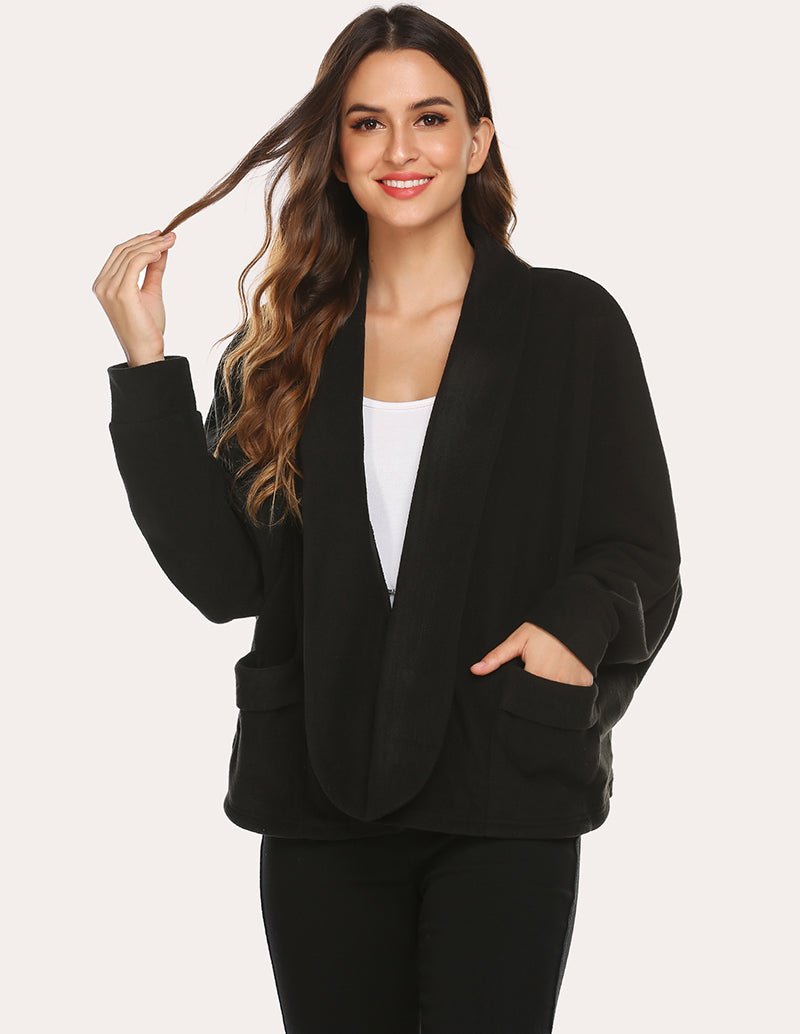 Black fleece lapel cardigan, open front, two side pockets, relaxed long sleeves