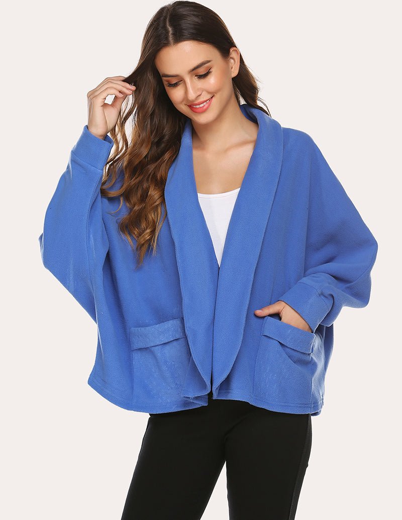 Fleece lapel collar cardigan, royal blue, open front with patch pockets.