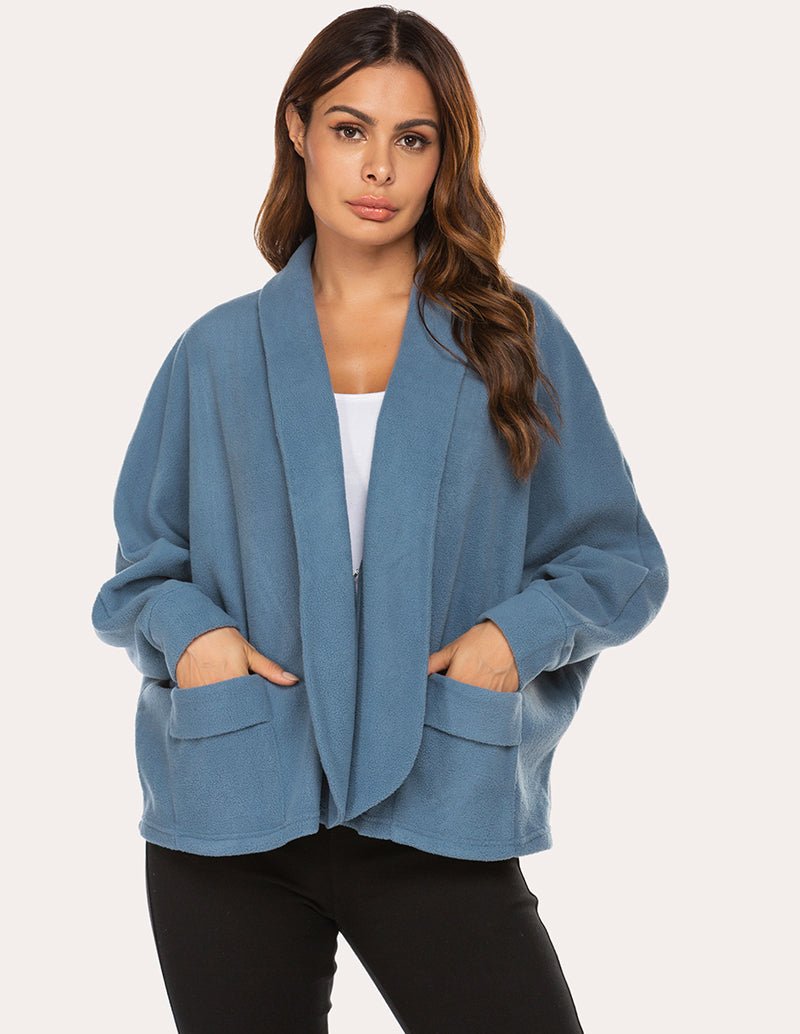 Fleece lapel collar cardigan, blue, open front with patch pockets.