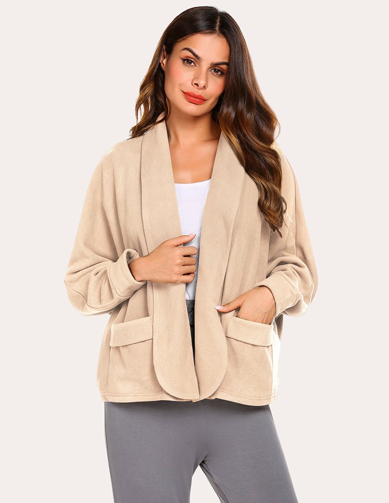 Fleece lapel collar cardigan, khaki, open front with patch pockets.