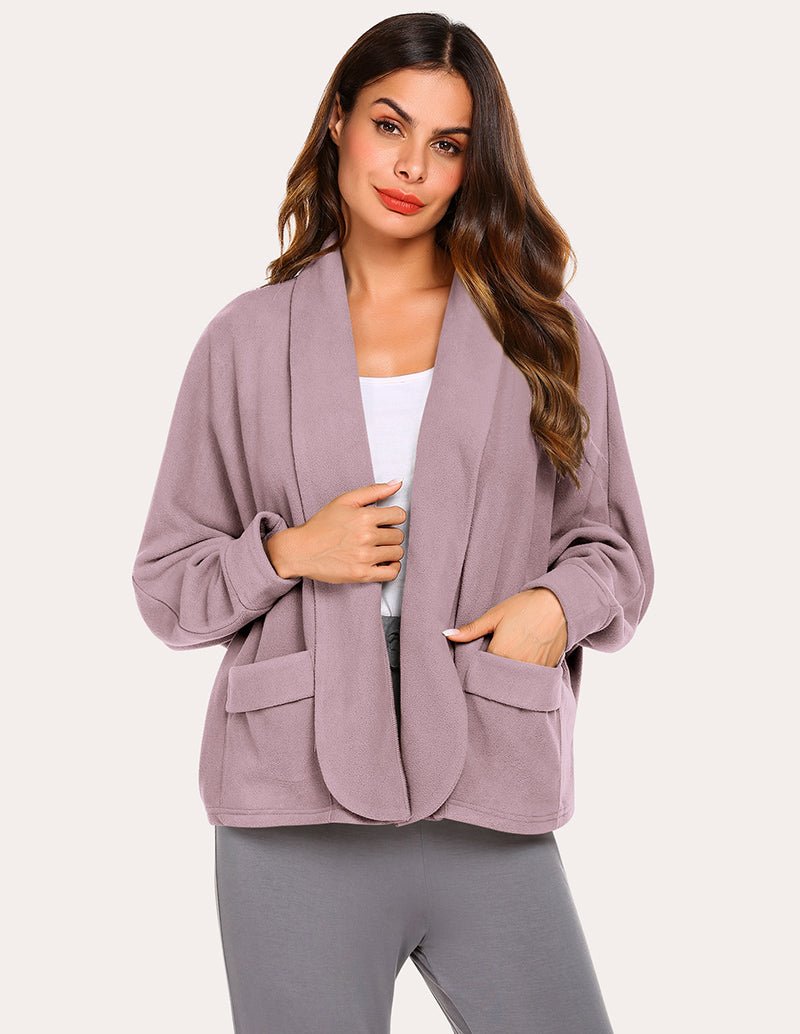 Fleece lapel collar cardigan, light purple, open front with patch pockets.