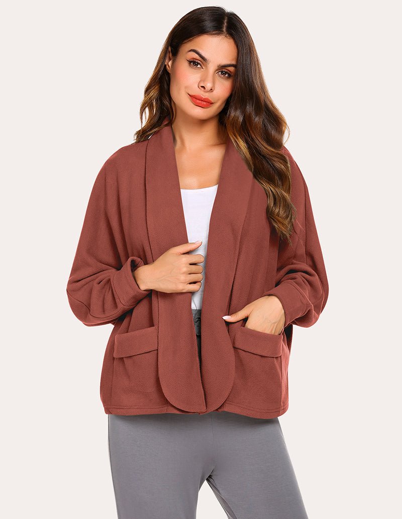Fleece lapel collar cardigan, wine red, open front with patch pockets.