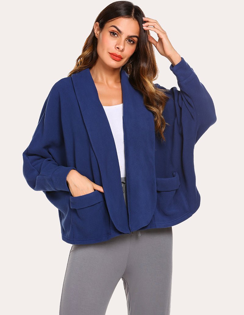 Fleece lapel collar cardigan, navy blue, open front with patch pockets.