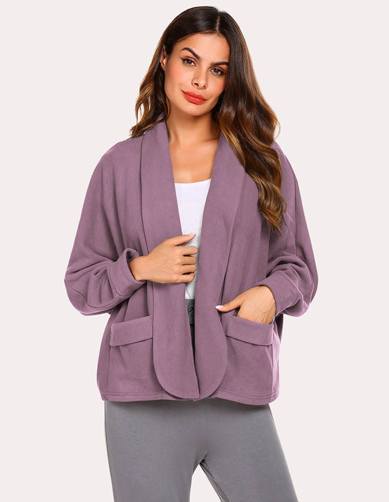 Fleece lapel collar cardigan, light purple, open front with patch pockets.