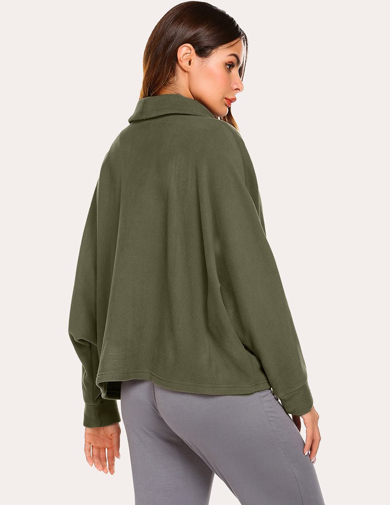 Fleece lapel collar cardigan, army green, back view with long sleeves
