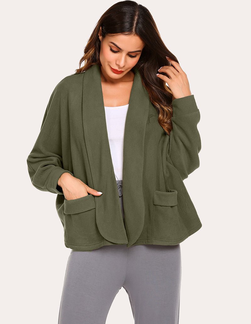 Fleece lapel collar cardigan, army green, long sleeves with front pockets