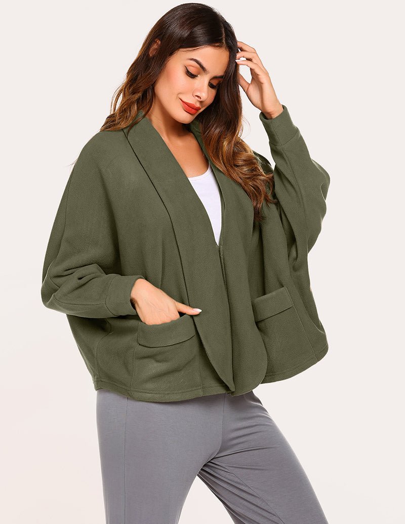 Fleece lapel collar cardigan, army green, open front with flap pockets