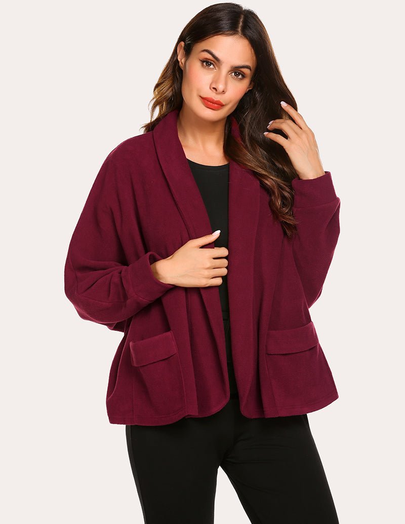 Fleece lapel collar cardigan, wine red, open front with patch pockets.