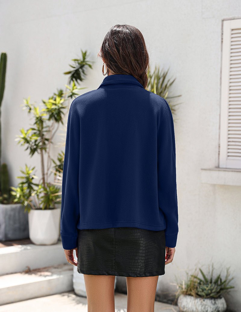 Fleece lapel collar cardigan, navy blue, back view with long sleeves