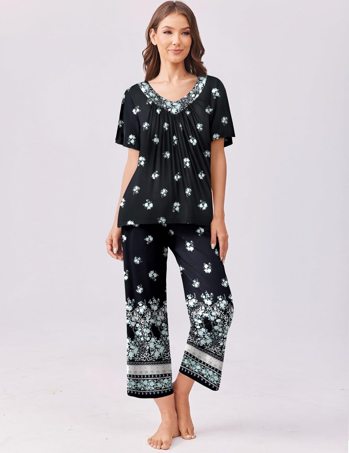Black floral capri pajama set with short-sleeve top and matching cropped pants
