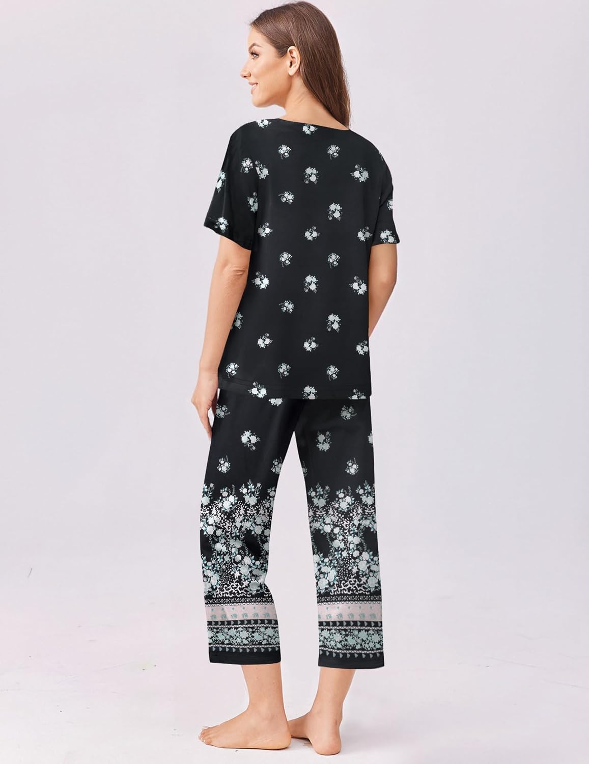 Black floral capri pajama set with short-sleeve top and cropped pants back view