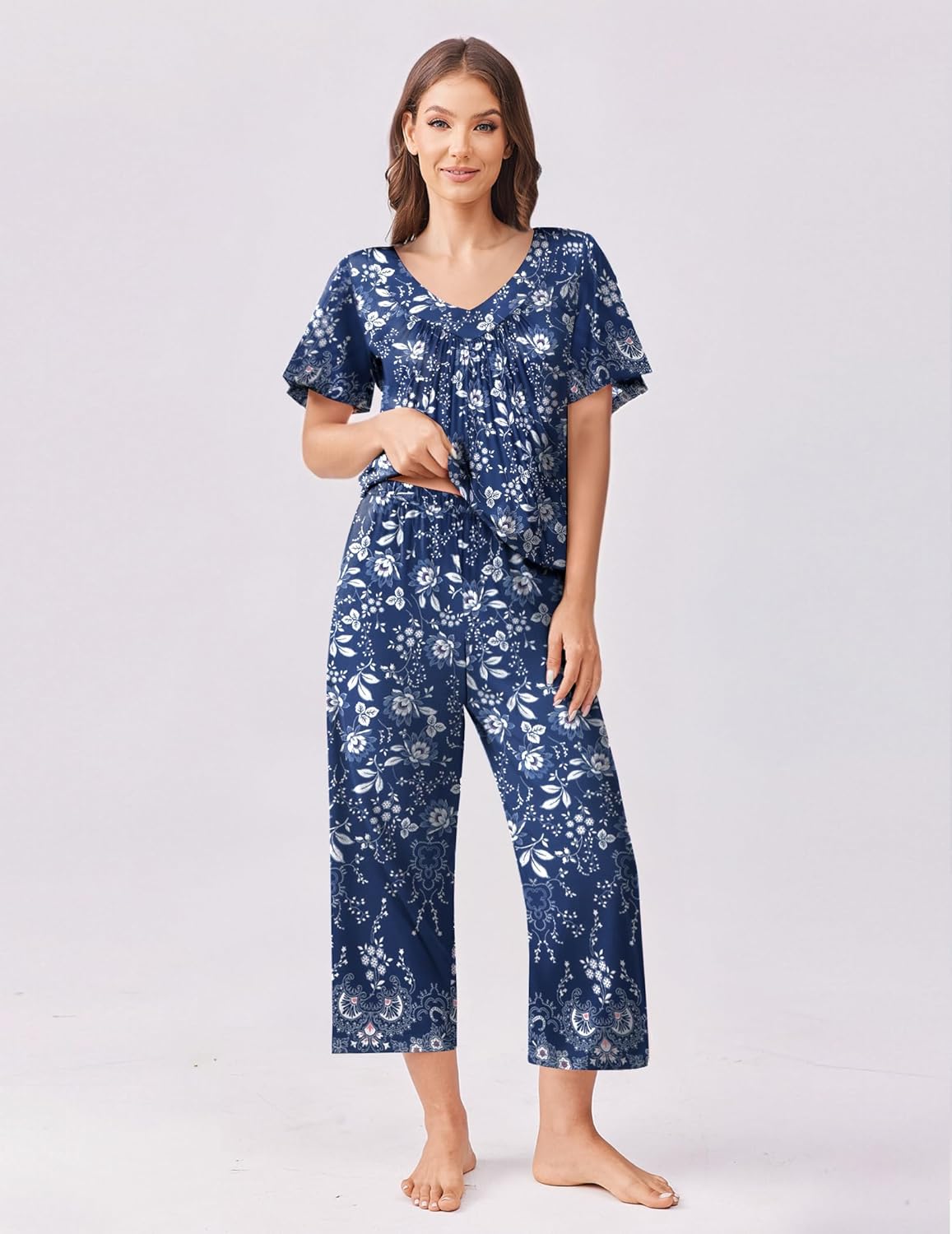 Blue floral short-sleeve pajama top and capri pants set with tie-front detail