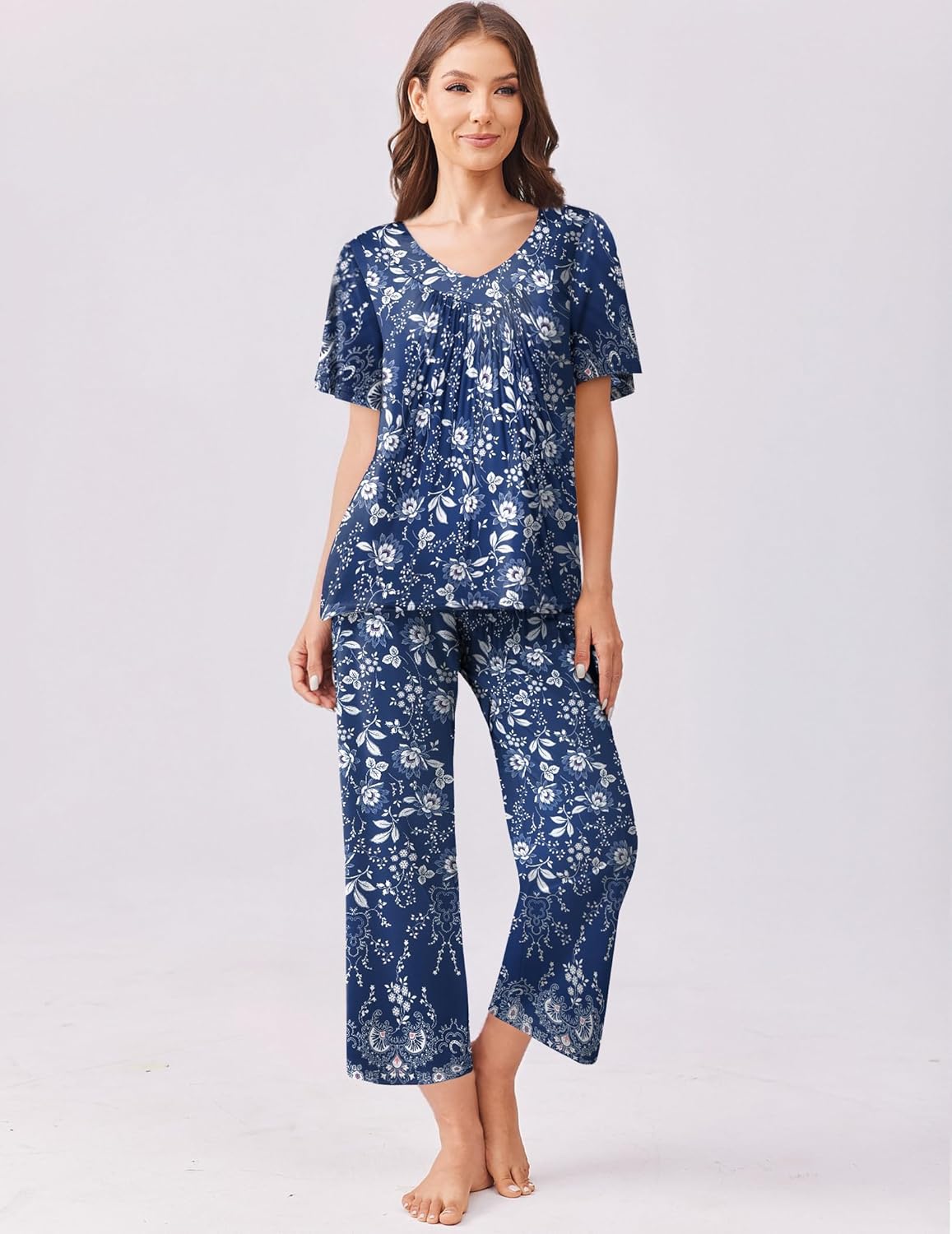 Blue floral short-sleeve pajama top and capri pants set with gathered neckline