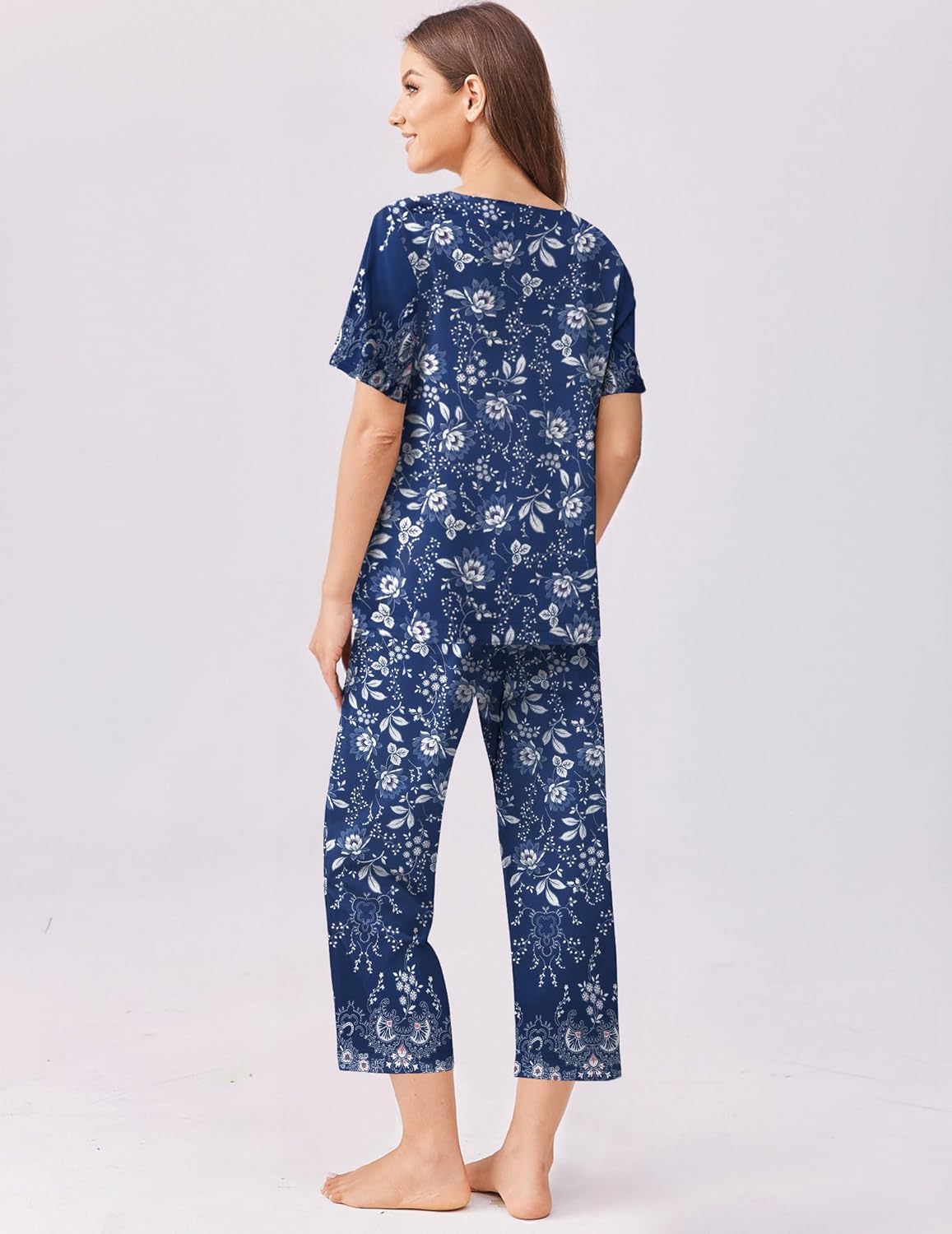 Blue floral pajama top and capri pants set with short sleeves and v-neck