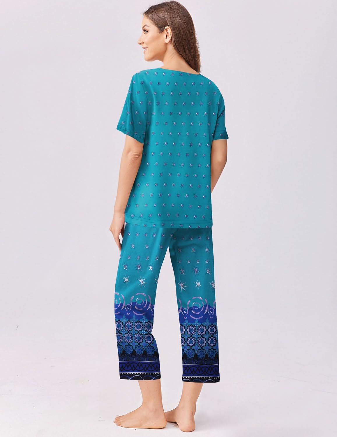 Teal patterned capri pajama set, short-sleeve top and cropped pants back view