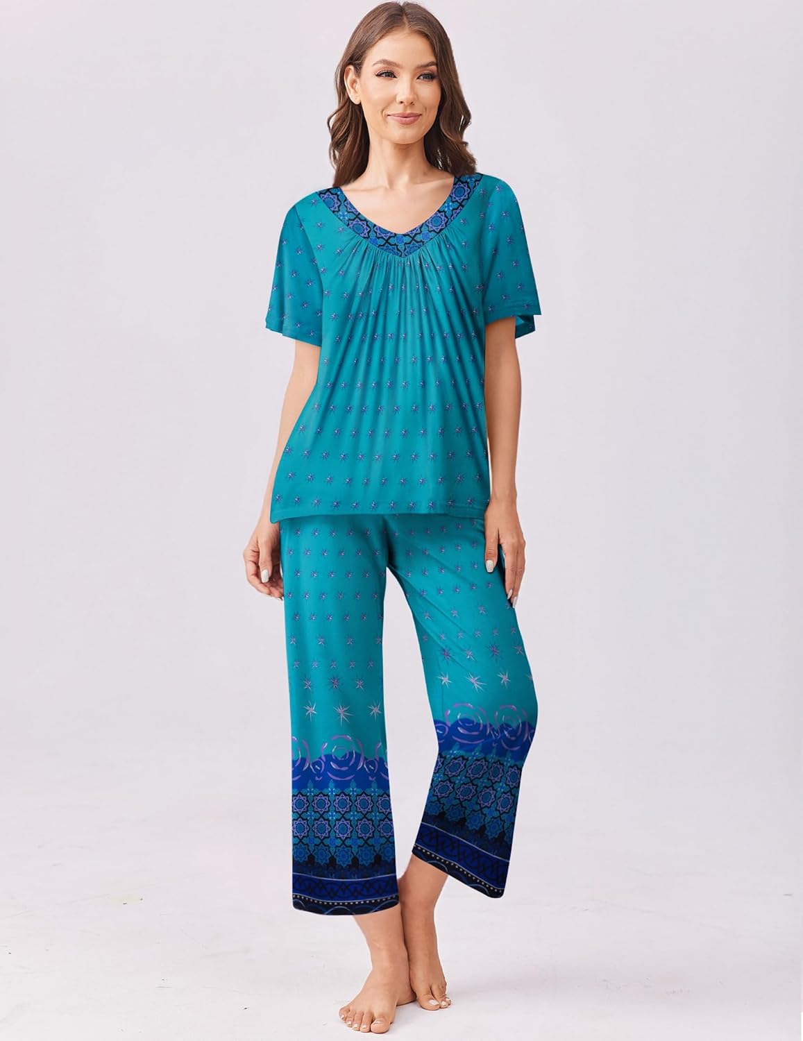 Teal patterned capri pajama set with short-sleeve top and matching cropped pants