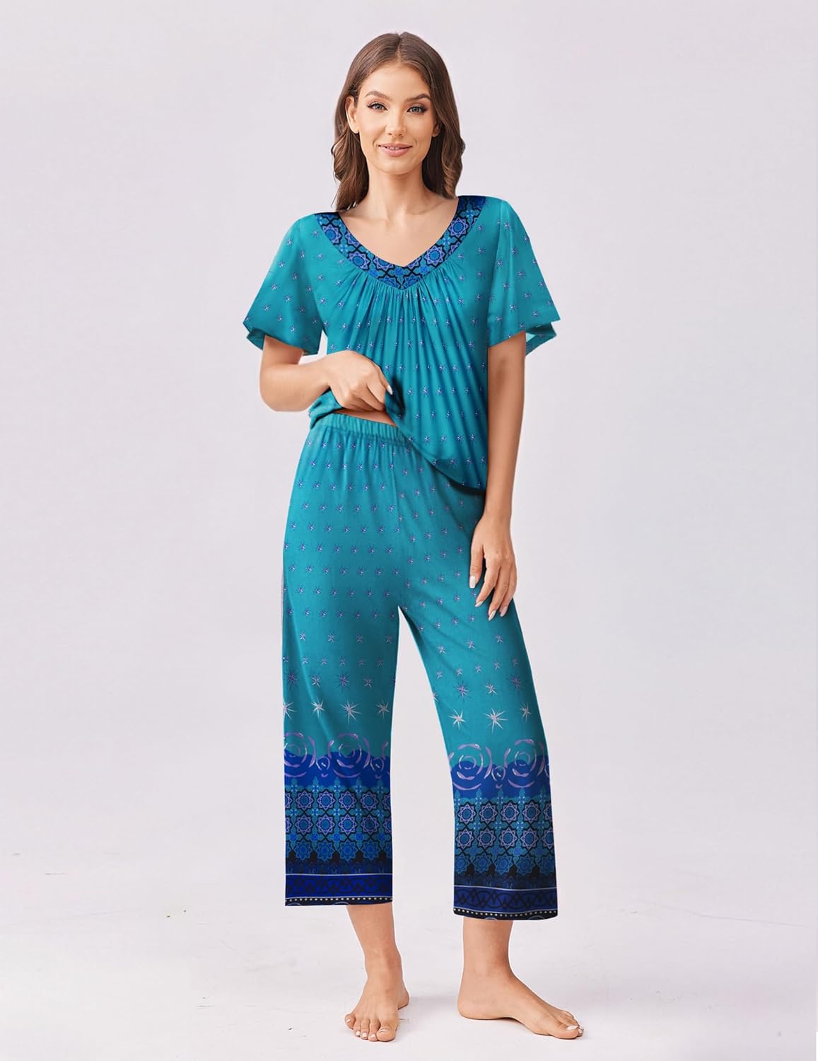 Teal capri pajama set with gathered short-sleeve top and matching cropped pants